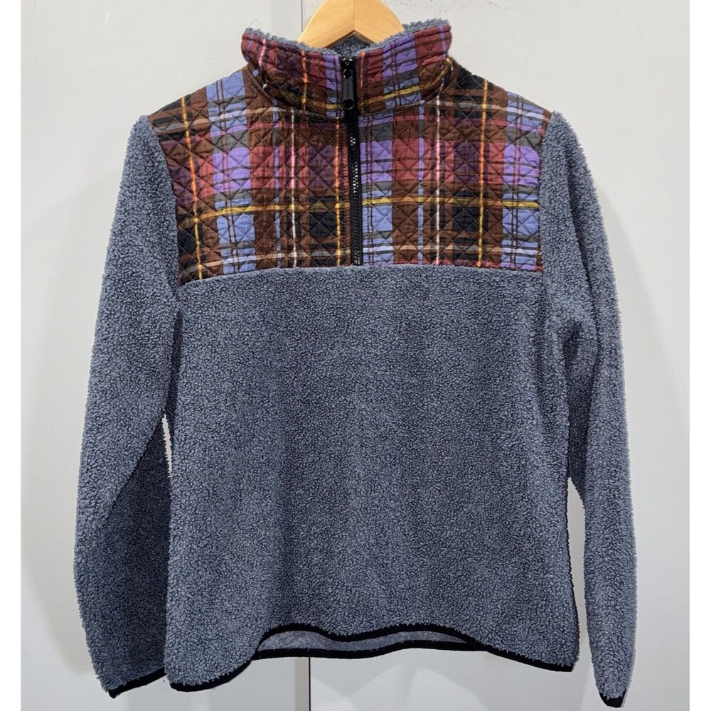 Vera Bradley Teddy Fleece Quarter Zip Plaid Thunder Blue Quilted Small Medium
